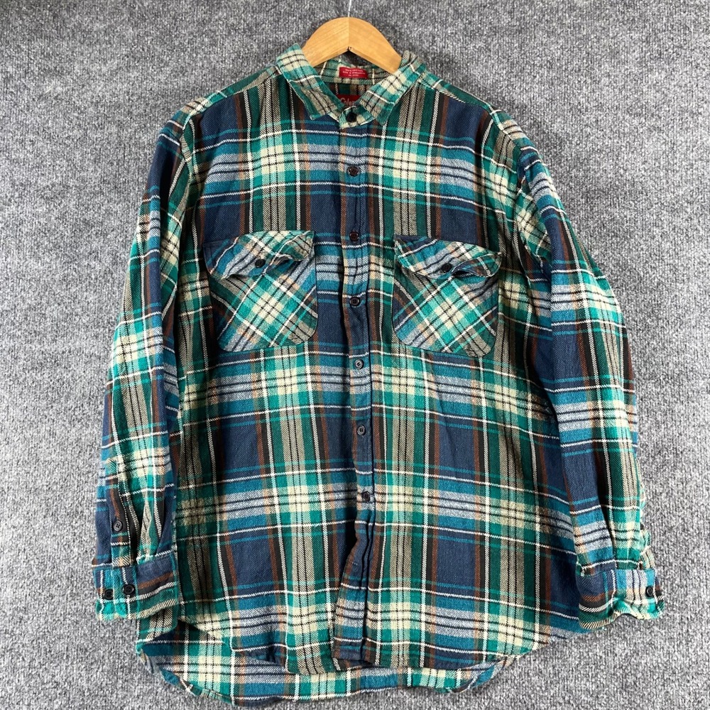 Vintage Coleman Shirt Mens XL Blue Plaid Flannel Long Sleeve Button Down Grunge